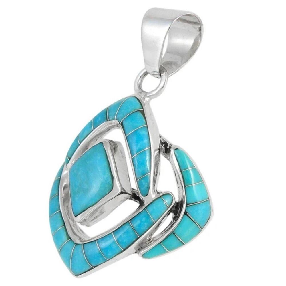 Vintage Style Sterling Silver Inlaid Turquoise Pendant Necklace Southwestern New - Picture 4 of 4